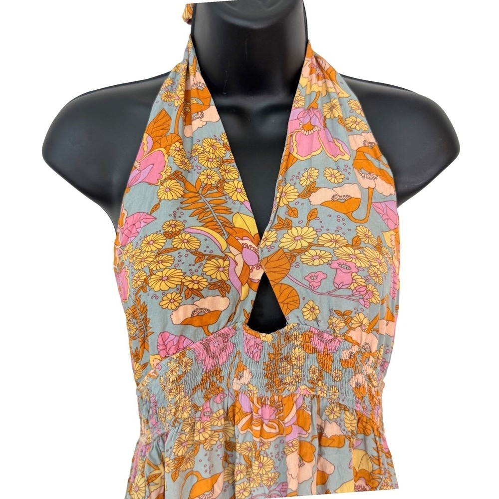 Zesica Womens Floral Halter Maxi Dress Blue Orange Pink Boho Smocked Large